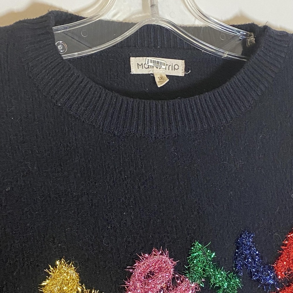Maintstrip Sweater Womens 1XL Black Merry Christmas Ugly Shiney Pullover Garland - Picture 9 of 15
